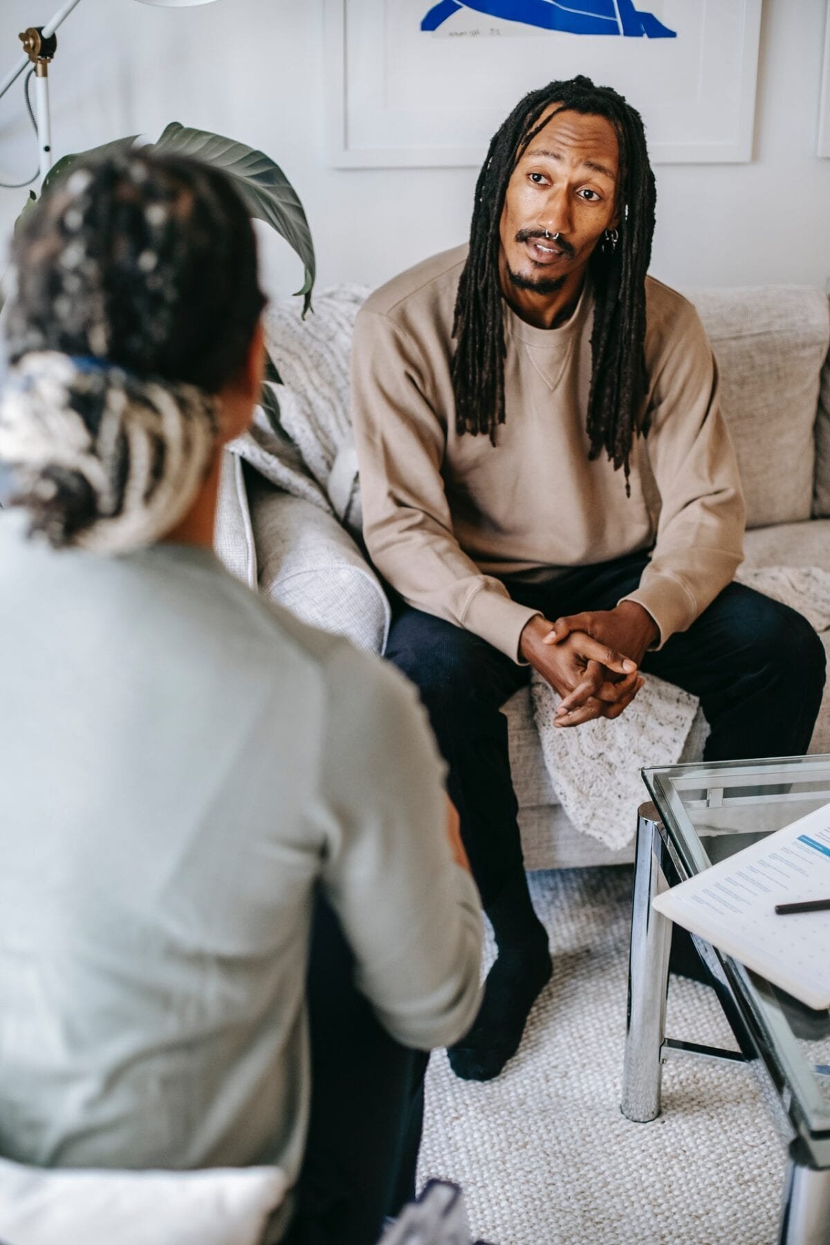 man and woman talking